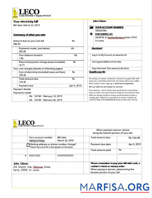 Blank Sri Lanka LECO electricity bill in Word format sample